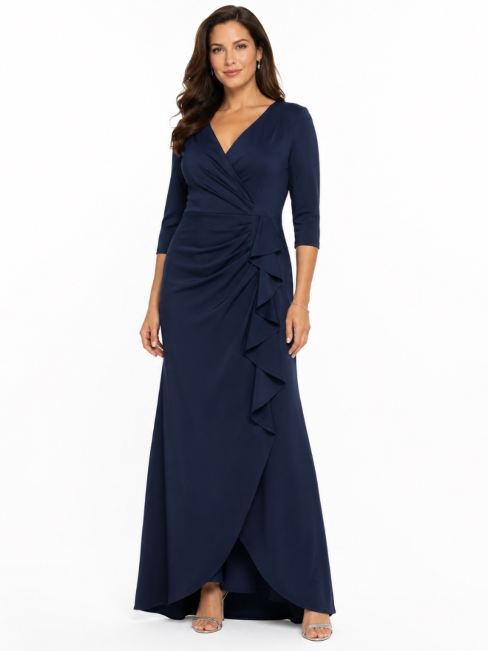 XSCAPE - Navy Ruched Ruffle Scuba Gown - Picture 1 of 9